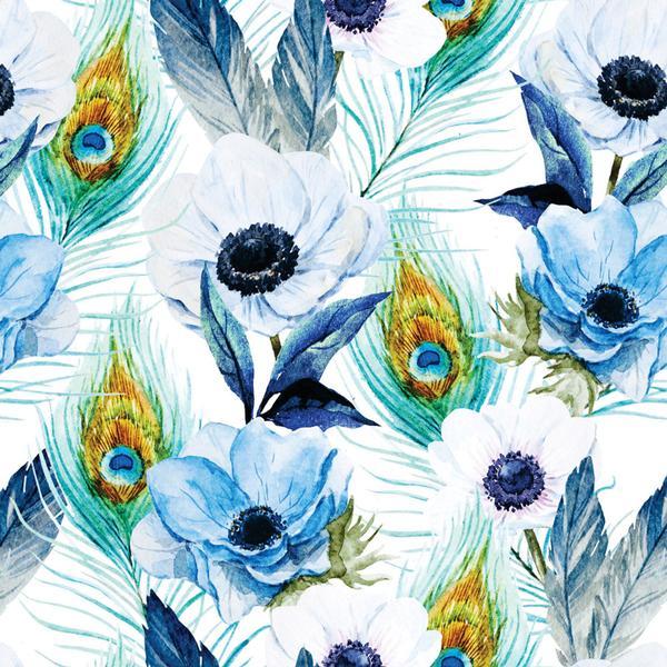 Imagem de Adesivo de Parede Floral Flores Azuis e Penas de Pavão 310x58cm