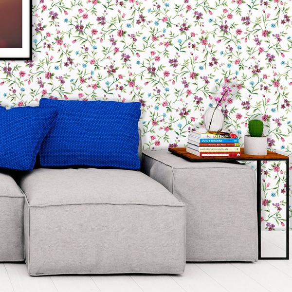 Imagem de Adesivo de Parede Floral Rosê, Azul, Roxo, Galhos e Folhas Verde com Fundo Creme Claro 310x58cm