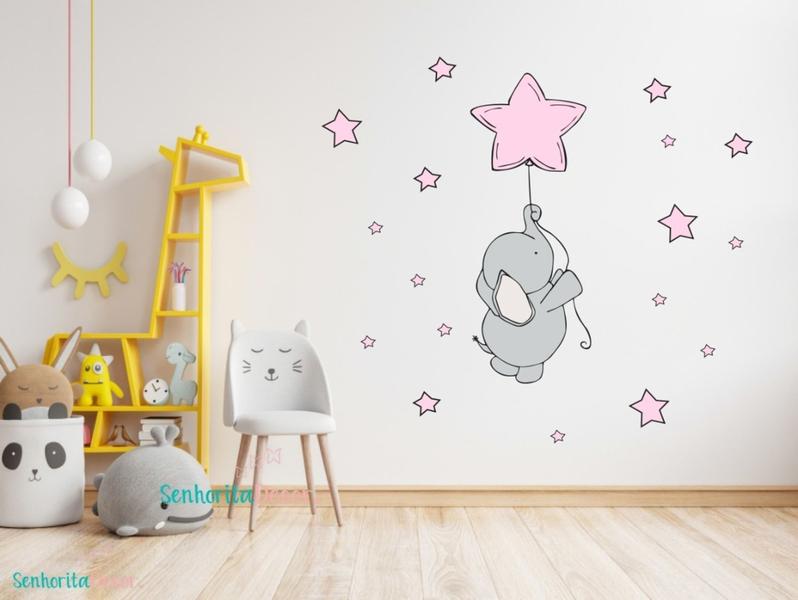 Imagem de Adesivo De Parede Infantil Elefante Balão Estrela Rosa Bebê