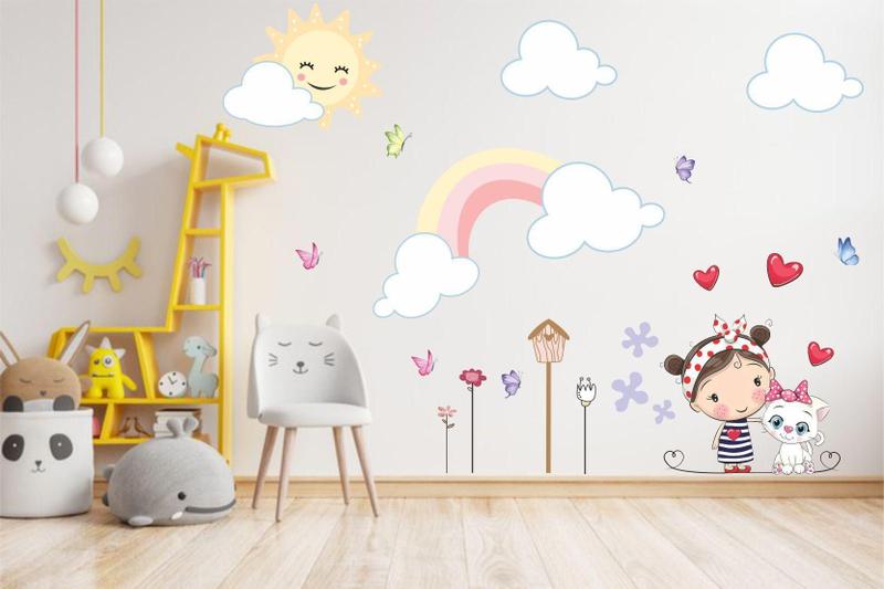 Imagem de Adesivo De Parede Infantil Menina Com Gatinho E Arco Iris