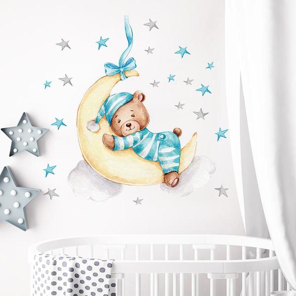 Imagem de Adesivo De Parede Infantil Ursinho Na Lua Decoração Quarto Bebê Menino
