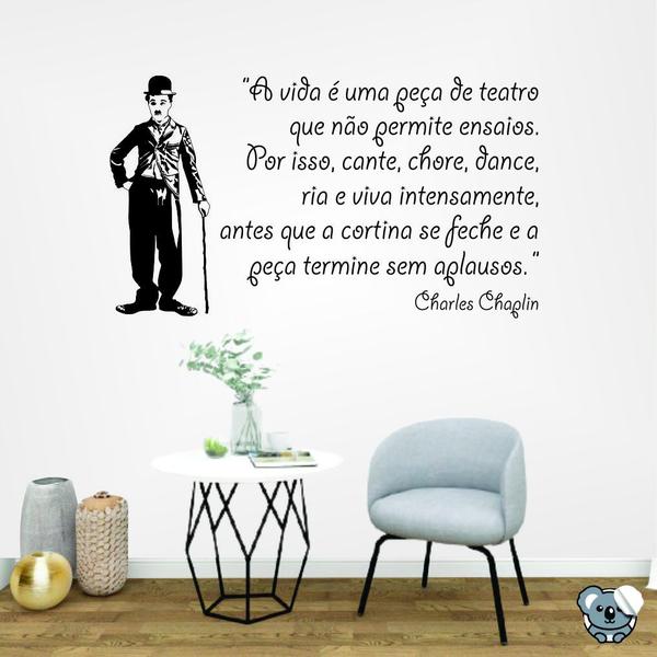 Adesivo de Parede para Sala Charlie Chaplin e Frase - Colakoala Adesivos Imagem de Adesivo de Parede para Sala Charlie Chaplin e Frase