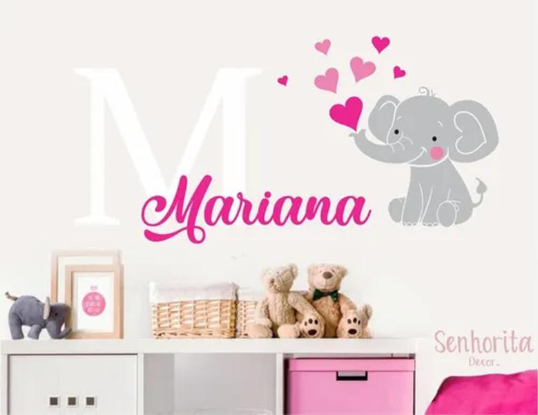 Imagem de Adesivo De Parede Quarto De Bebê Elefante Nome Coração,