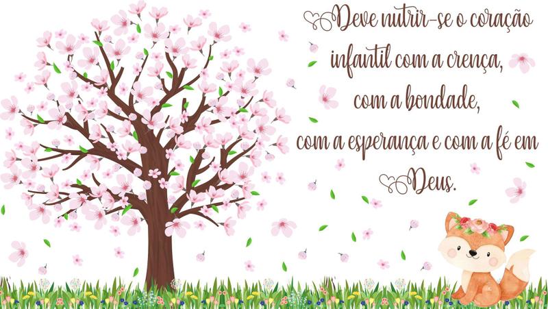 Imagem de adesivo de parede raposa arvore flores e frase decoração bebê