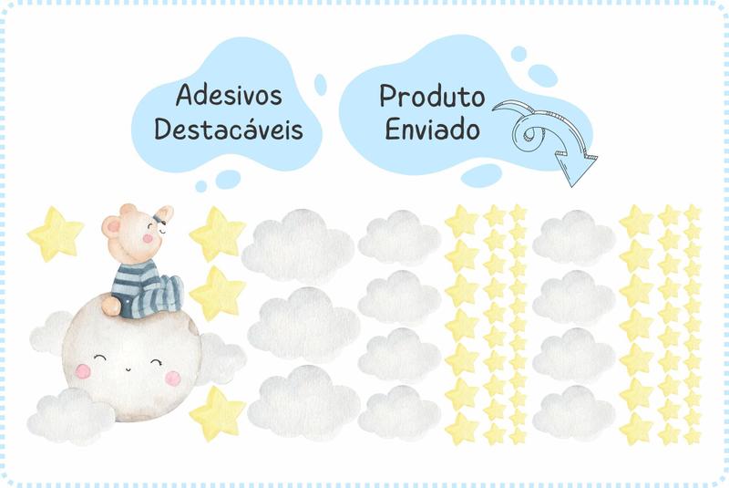 Imagem de adesivo de parede ursinho na lua com pijama e estrelas