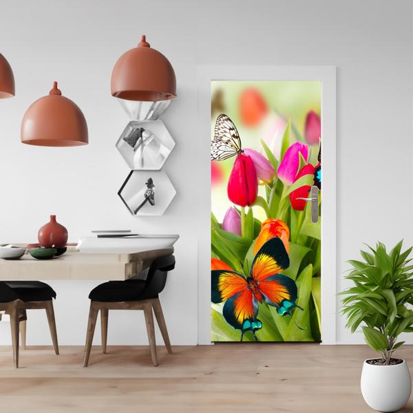Imagem de Adesivo Decorativo de Porta Flor Tulipa Com Borboletas Coloridas