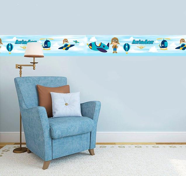 Imagem de Adesivo faixa decorativa de parede infantil borda bebe azul - Aviador, Avião