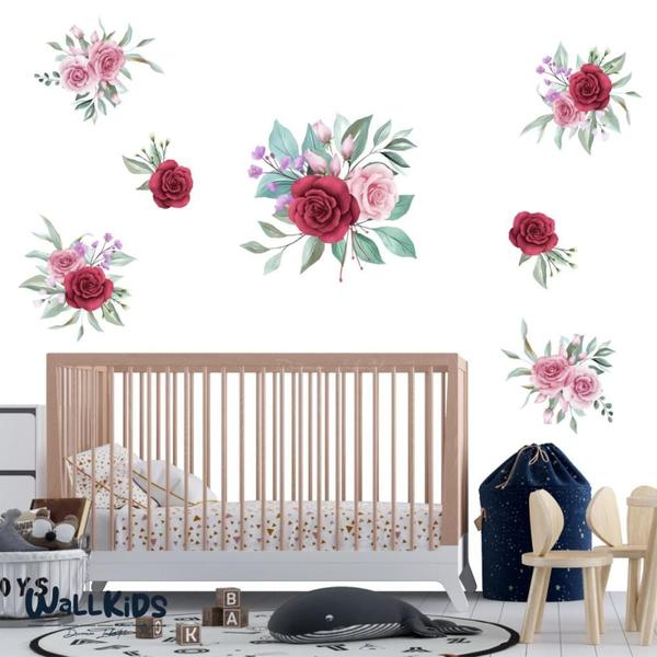 Imagem de Adesivo kit infantil flores rosa e marsala aquarela