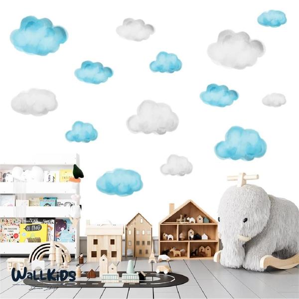 Imagem de Adesivo kit infantil nuvens aquarela azul e cinza