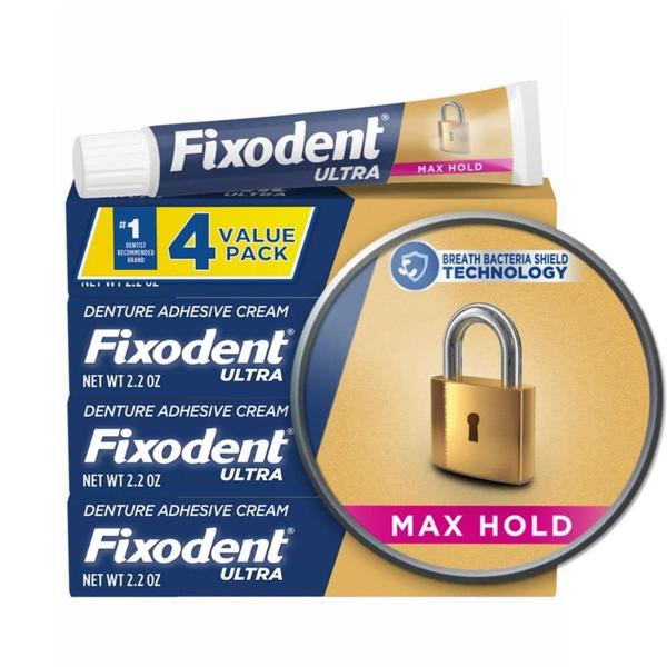 Imagem de Adesivo para dentaduras Fixodent Ultra Max Hold 65 ml (pacote com 4)