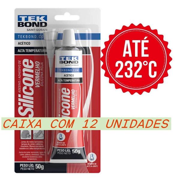 Imagem de Adesivo Silicone Acético Vermelho 316C  Alta Temperatura 50g Tekbond Cx 12Unidades