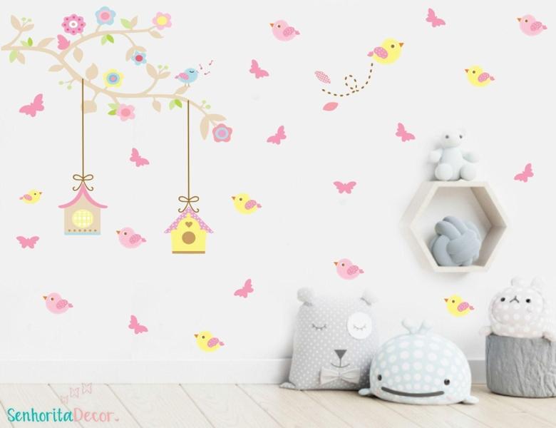 Imagem de Adesivos de parede infantil arvore casinha pássaros e borboletas - senhorita decor