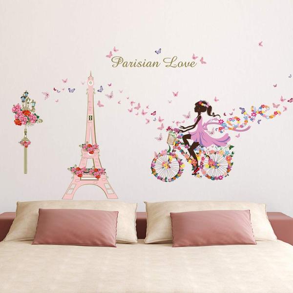 Imagem de Adesivos de parede Mufengke Girl Bicycle Eiffel Tower Flowers