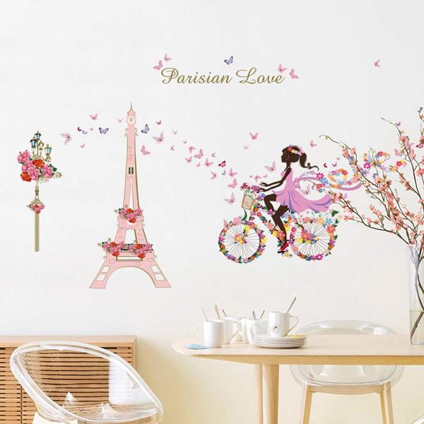 Imagem de Adesivos de parede Mufengke Girl Bicycle Eiffel Tower Flowers