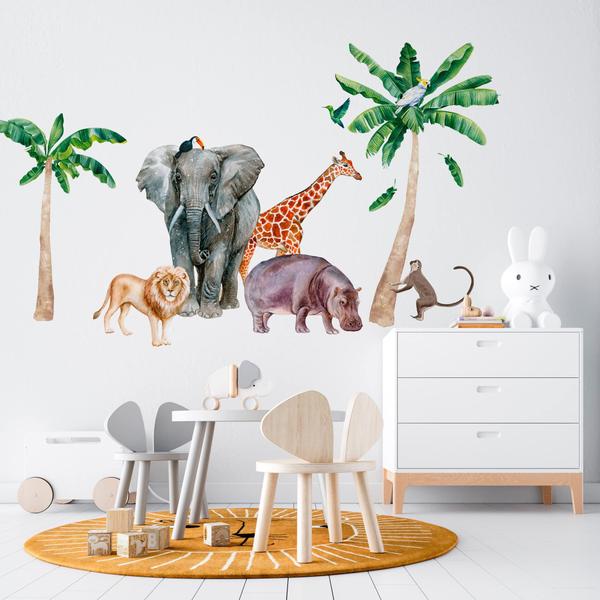 Imagem de Adesivos de Parede Safari para Bebê - Elefante, Leão, Girafa, Hipopótamo e Zebra - Decoração de Quarto Infantil