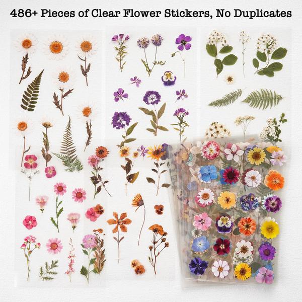 Imagem de Adesivos Knaid prensados com tema de flores, 486 peças, 36 folhas