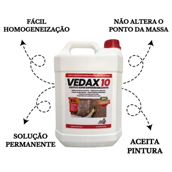 Imagem de Aditivo Super Impermeabilizante 3 Em 1 Vedax 10 Reboco Argamassa Concreto PlastificanteUmidade4L