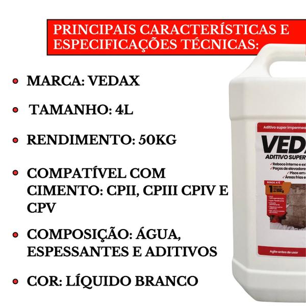 Imagem de Aditivo Super Impermeabilizante 3 Em 1 Vedax 10 Reboco Argamassa Concreto PlastificanteUmidade4L