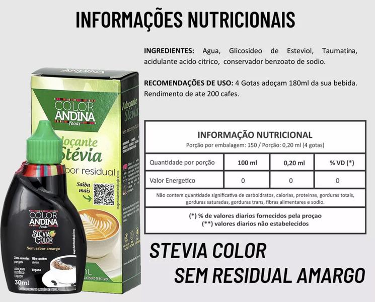 Imagem de Adoçante Líquido Stévia Color Andina 30ml  sem amargor livre de glútem 100% Natural