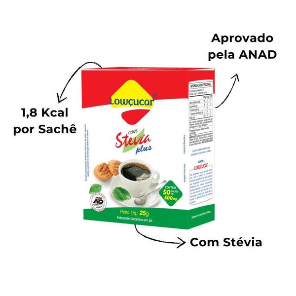 Adoçante Lowçucar Plus com Stevia Cartucho 50 x 0,5G Imagem de Adoçante Lowçucar Plus com Stevia Cartucho 50 x 0,5G
