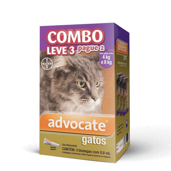 Imagem de ADVOCATE GATOS COMBO - para gatos de 4kg até 8kg -3 pipetas com 0,8ml cada - Bayer