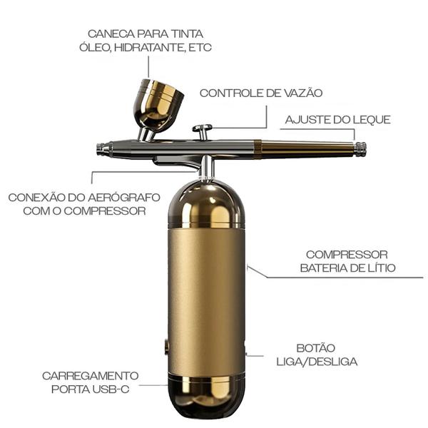 Imagem de Aerógrafo a Bateria Pintura Compressor Pulverizador Dourado