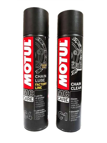 Imagem de Aerossol Spray Lubrificante Motul C4 Chain Lube Factory Line + C1 Chain Clean Manutenção Proteção Limpeza Correntes De Motos 400 ml