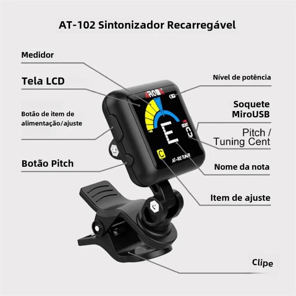 Imagem de Afinador de Guitarra, Baixo e Ukulele USB Recarregável AROMA AT-102 - Display LCD Grande