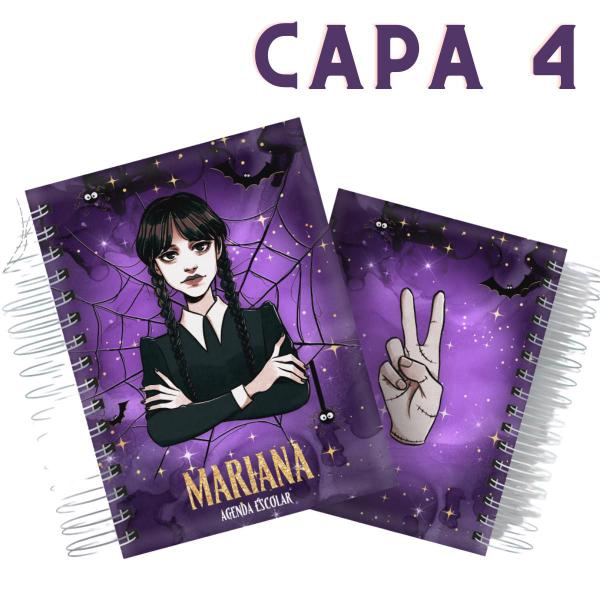 Imagem de Agenda Escolar Permanente Wandinha Com Nome Personalizado Organização Aluno Escola Notas Halloween Rock Purple