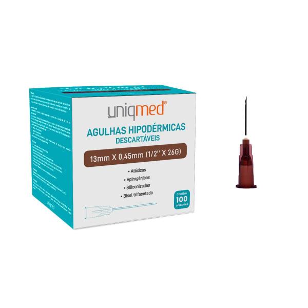 Imagem de Agulha 100 un Descartável Hipodérmica 13X4,5 26g - Uniqmed