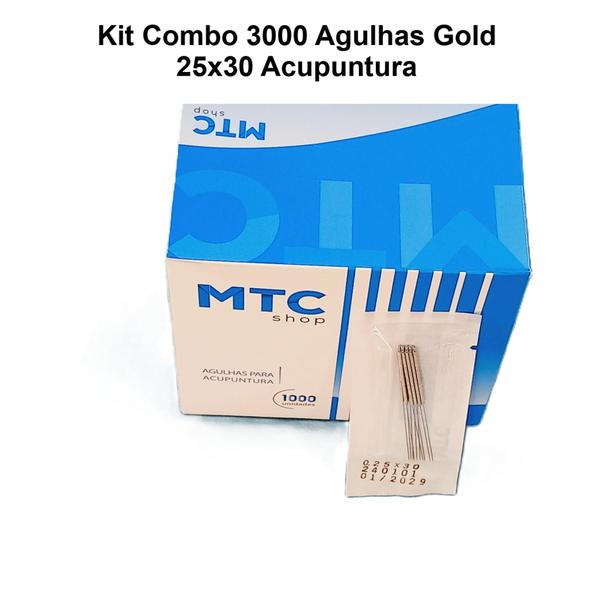 Imagem de Agulha Acupuntura 25x30 Kit 3 cx 3000 Un Pcte - Gold - Mtc