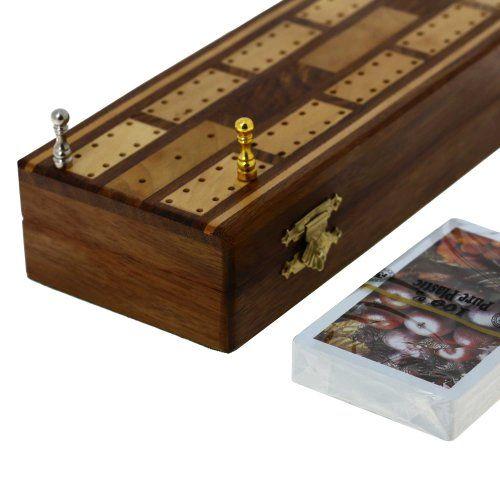 Imagem de Ajuny Traditonal Cribbage Jogo de Tabuleiro de Madeira com 6 Pinos de Metal e 2 Baralho de Cartas com Área de Armazenamento Tamanho da Placa 10x3x1.75 Polegadas