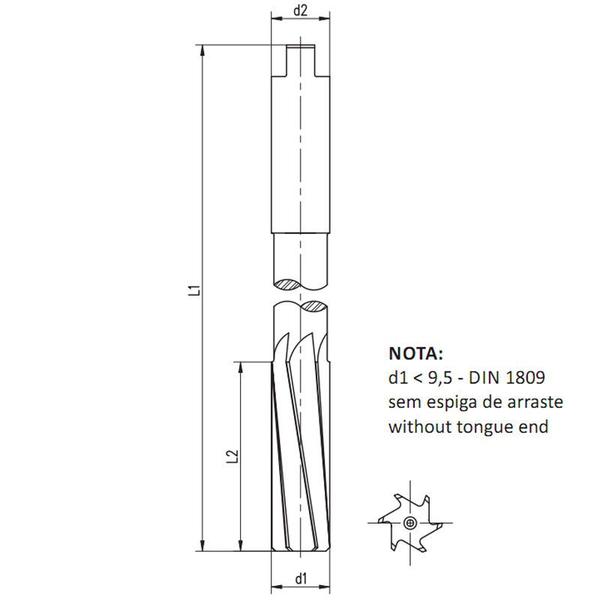 Imagem de Alargador Máquina Dente Helicoidal - Med. 15,0mm - Haste Cilíndrica, Corte à Direita, Hélice à Esquerda, Tolerância H7,  DIN 212 D - Aço HSS (M2) - Có