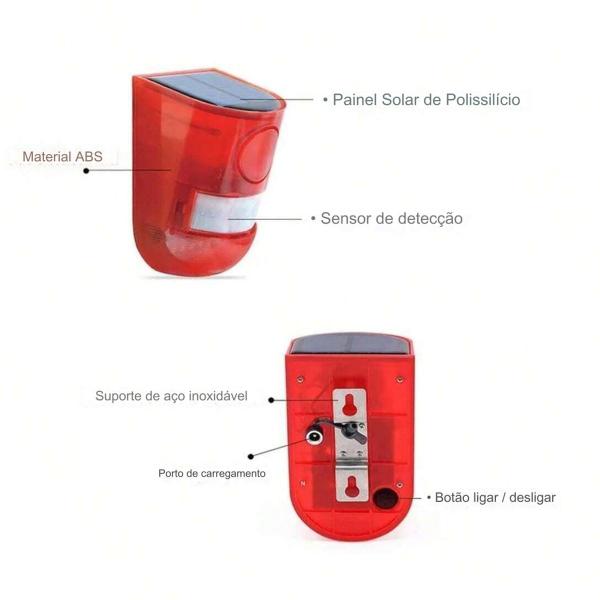 Imagem de Alarme Solar Sirene 129db Anti Roubo Furto Sensor Movimento Som Alto Prova dAgua Parede Resistente Segurança Empresa Residencia