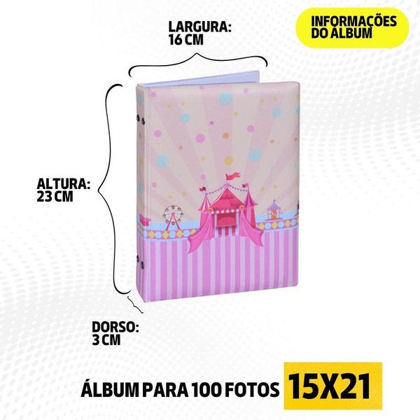 Imagem de Álbum Fotográfico 15x21 para 100 Fotos CIRCO ROSA Bebê Infantil Palhaço Mágico