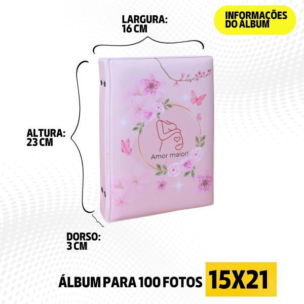 Imagem de Álbum Fotográfico 15x21 para 100 Fotos GESTANTE AMOR MAIOR ROSA Bebê Infantil Menina