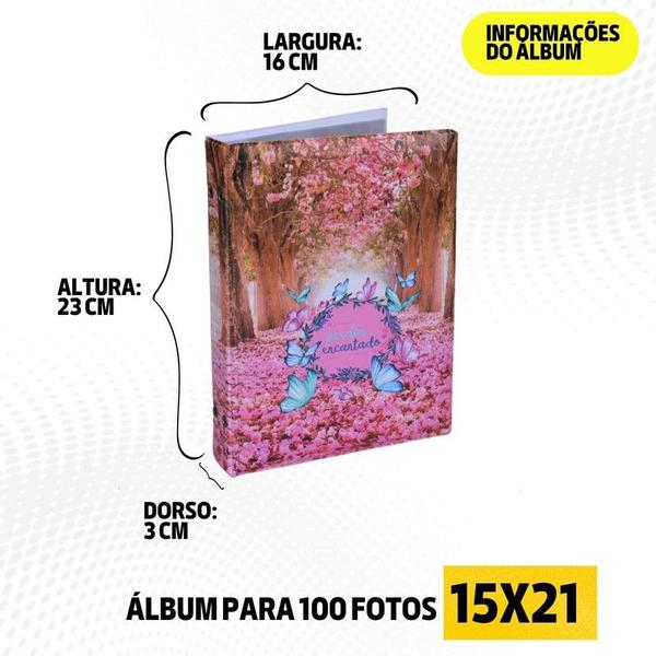 Imagem de Álbum Fotográfico 15x21 para 100 Fotos JARDIM ENCANTADO Bebê Infantil Flores Rosa Borboletas