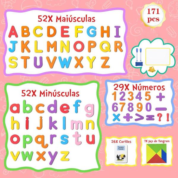 Imagem de Alfabeto Magnético Com Lousa Tangram Cartões Educativos 171 peças Números Letras Símbolos Brinquedo Educativo Infantil Pedagógico 