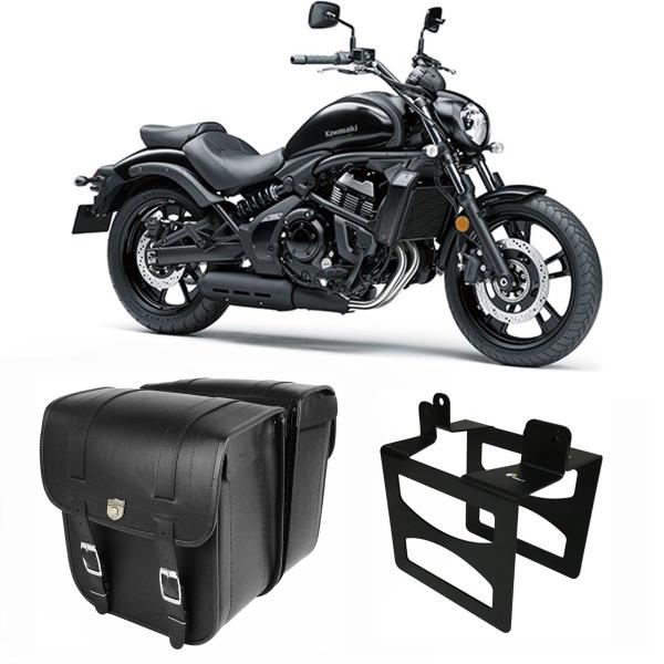 Imagem de Alforge Mala Bolsa Lateral 44 Litros Quadrado + Afastador Suporte Kawasaki Vulcan 650 Par