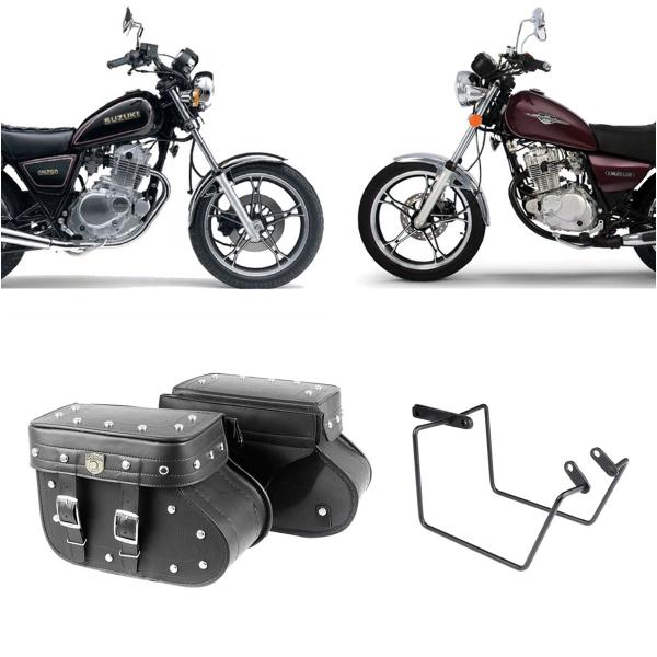 Imagem de Alforge Mala Bolsa Lateral Botinha Cravo 36 Litros Par + Afastador Suporte Moto Suzuki Intruder 125 e 250