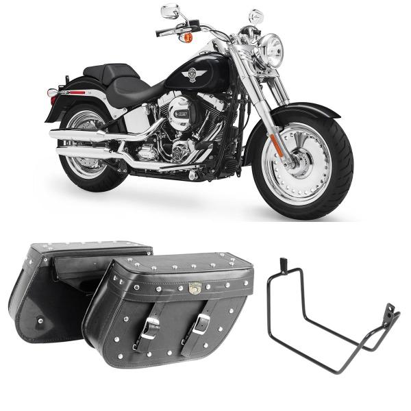 Imagem de Alforge Mala Bolsa Lateral Losango 64 Litros Cravos + Afastador Suporte Harley Davidson Fat Boy Par