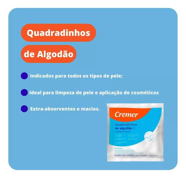 Imagem de Algodão Quadradinho Cremer Multifunções Com 250 Unidades