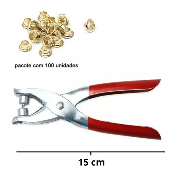 Alicate Aplicador de Ilhós Pressão + 100 Ilhoes Dourados - Lanmax Imagem de Alicate Aplicador de Ilhós Pressão + 100 Ilhoes Dourados