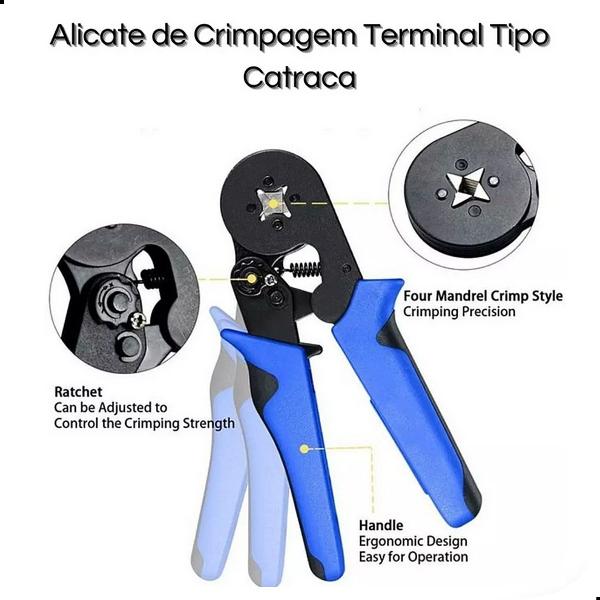 Imagem de Alicate Crimpar Prensa Terminal Ilhos Tubolar 0,25mm Até 10mm² Pressão 1200 ilhos de bitolas variadas + Descascador Fios