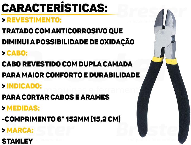 Imagem de Alicate De Corte Diagonal Aço Cromo Reforçado Cabo Emborrachado 6 Polegadas Staanley