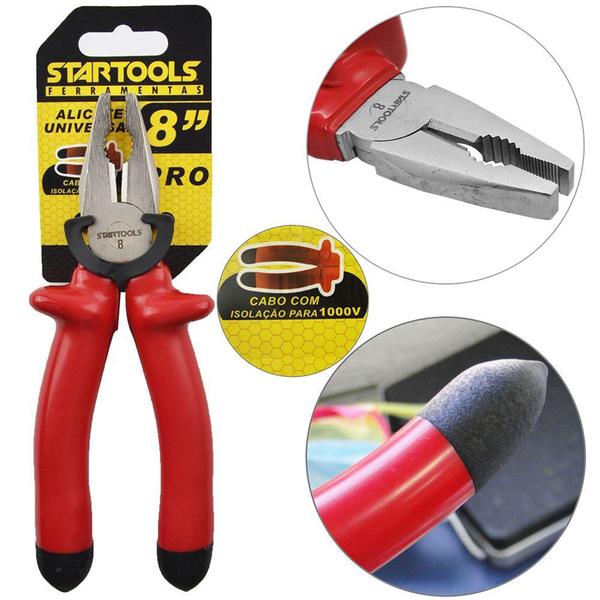 Imagem de Alicate universal 8'' cabo emborrachado vermelho pro na cartela - STARTOOLS