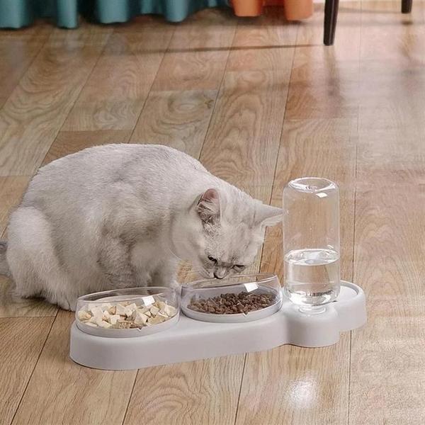 Imagem de Alimentador Duplo para Gato com Design Anti-Derramamento e Fonte de Água Integrada