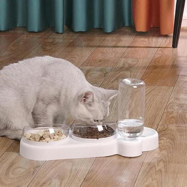 Imagem de Alimentador Duplo para Gato com Design Anti-Derramamento e Fonte de Água Integrada