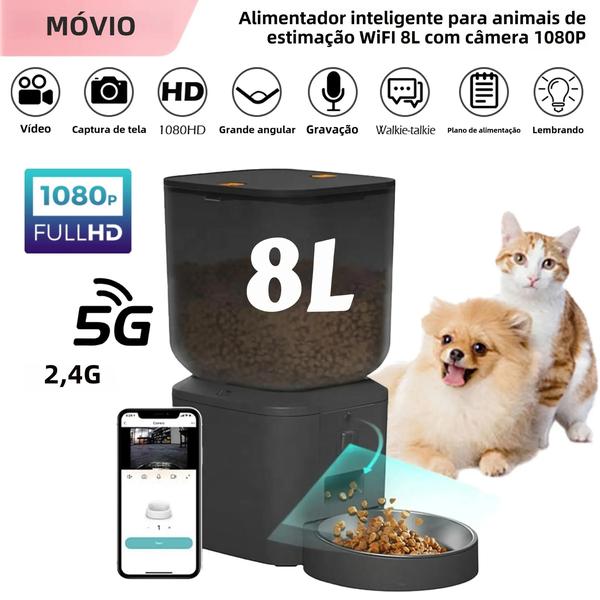 Imagem de Alimentador Inteligente Para Gatos 8L Com Câmera 1080p 5G WiFi Dispensador De Comida Para Animais De