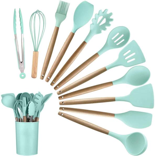 Imagem de Alitade 12PCS Cozinha Utensílio conjunto silicone utensílios de cozinha Kit Spatula Máscara Resistente a Colheres de Madeira Ferramenta de Gadgets para Panelas Antiaderente